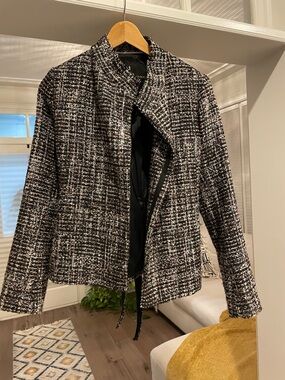 Women's Black & White Tweed Jacket - Classic Open Front Jacket w/ attached belt